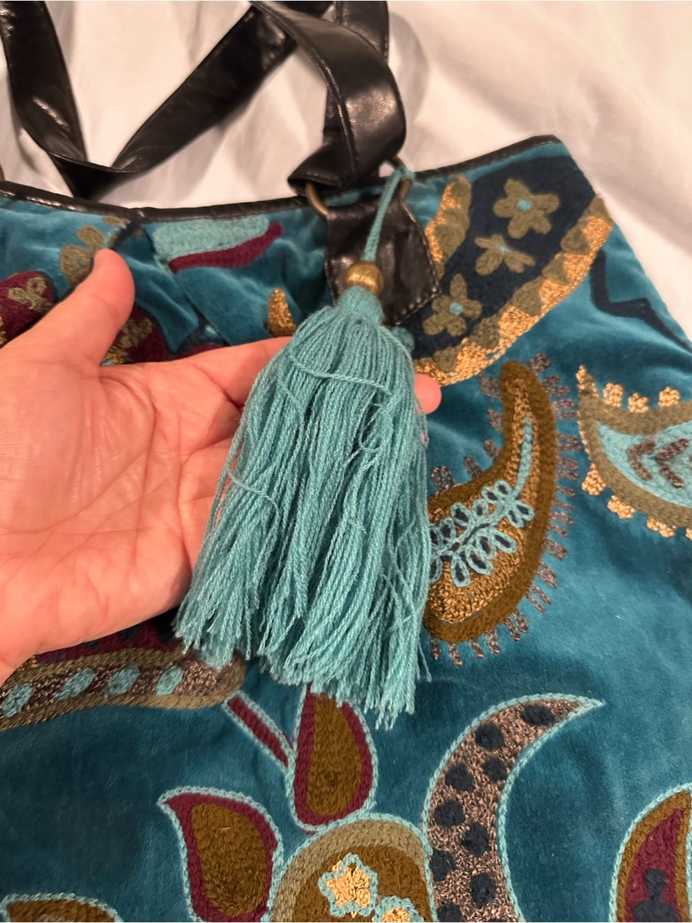 BUCO Teal Velvet Floral Hobo Bag with Tassel Accent - Picture 10 of 11